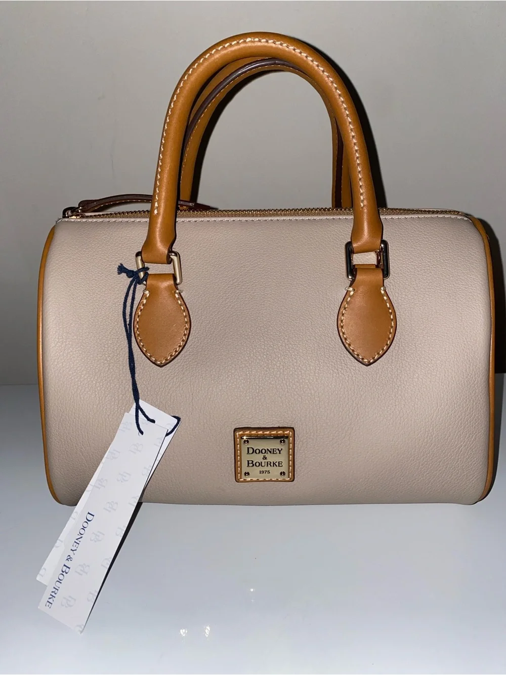 Dooney & Bourke Light Beige Satchel with Tan Trim Barrel 25